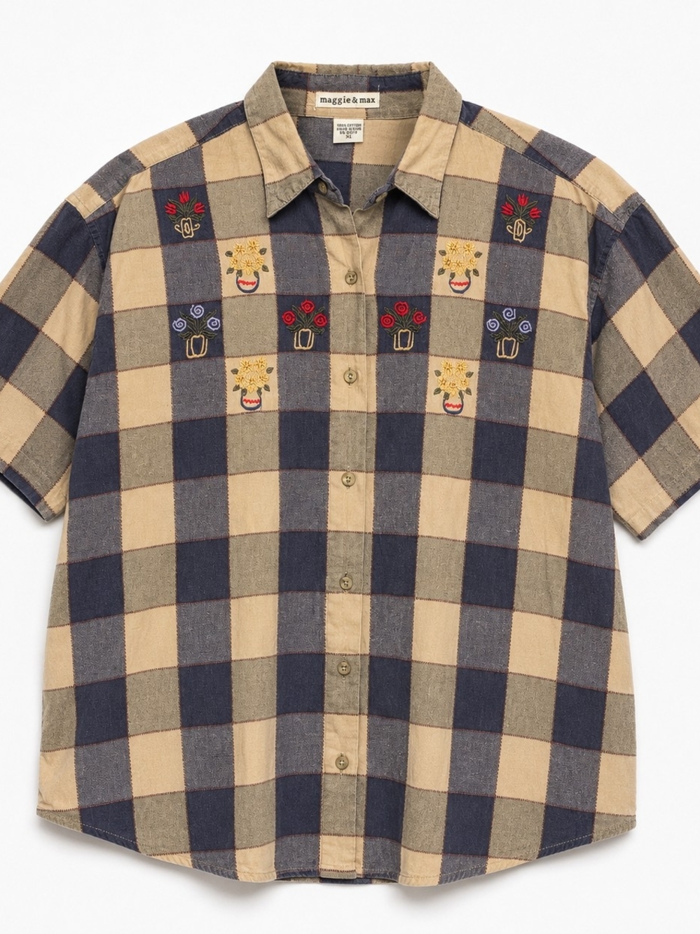 Maggie & Max XL Plaid Embroidered Floral Cotton Button Up Shirt 90s